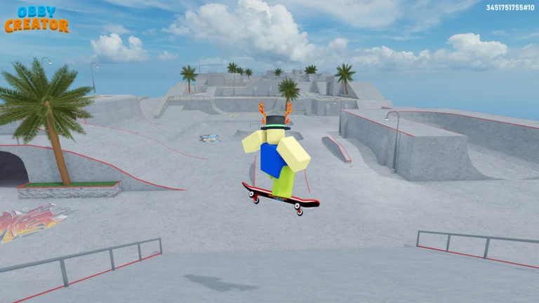 Roblox avatar skateboarding through a player-built park in Obby Creator