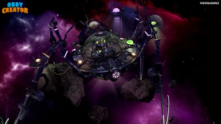 Player-built space station obby with neon lights in Obby Creator