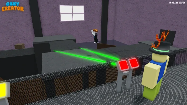 Player editing parts beside buttons, lasers and a checkpoint in Obby Creator